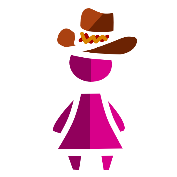 a simplified figure of a short pink person with a dress-shaped triangle body and wearing a cowboy hat. The right half of its body is a lighter pink. The image has white line art